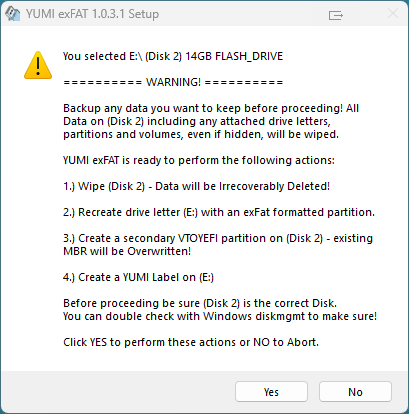 Confirm disk preparation by deleting all data